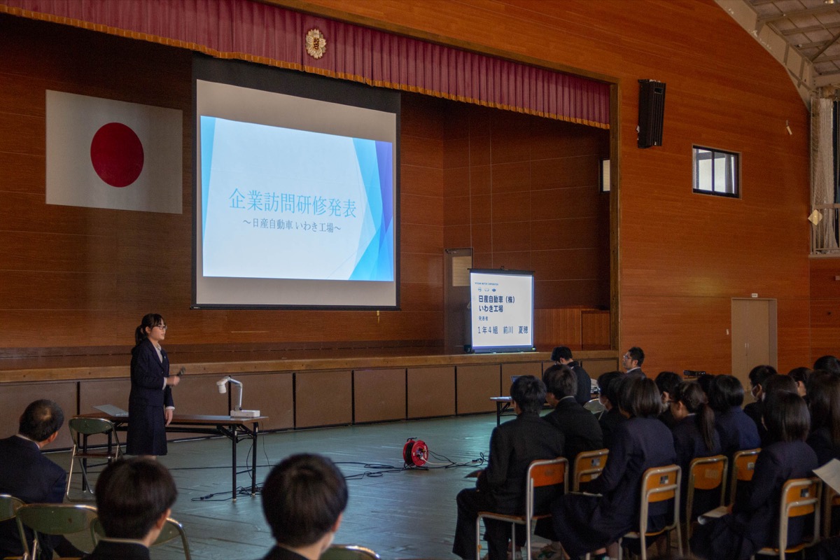 プロジェクタで発表する高校生